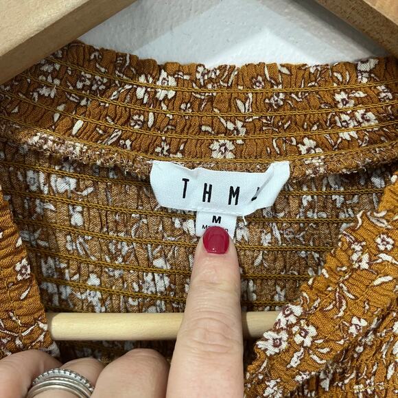 THML Mustard Smocked Floral Blouse Ruffle Sleeve Boho Chic Top Size Medium - Picture 7 of 10
